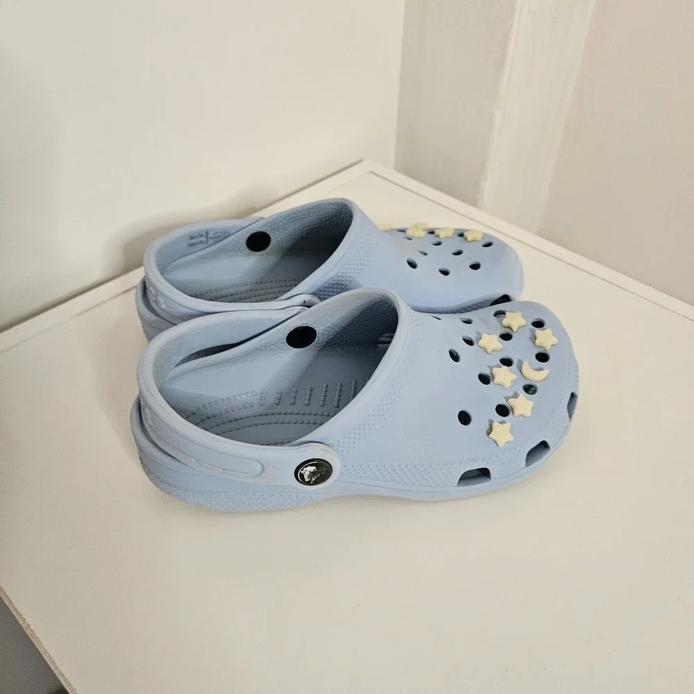 CROCS Kids Light Blue Clog Sandals with Cream Star & Moon Charms